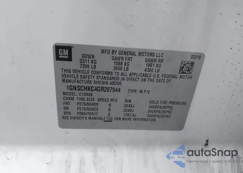 2016 Chevrolet Suburban Lt from USA, damaged, VIN 1GNSCHKC4GR287944